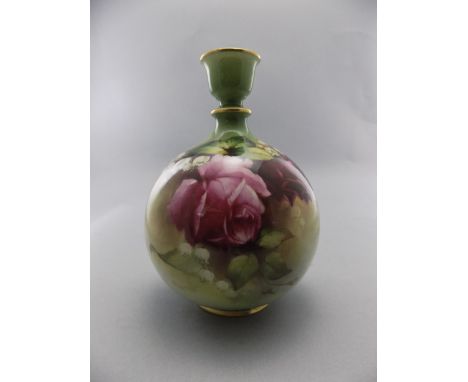 Royal Worcester Hand Painted and Signed Bulbous Shaped Vase ' Roses ' Stillife. Signed H. Martin. Date 1907. Height 6.25 Inch