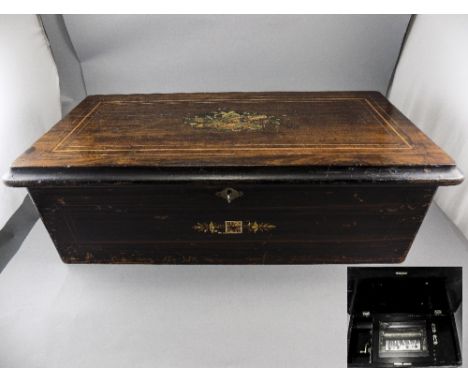 Late 19thC Rosewood Cylinder Music Box, Playing Eight Airs, Tune Card Missing. Hinged Lid With String Banding And Central Pai