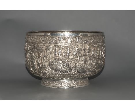 Burmese 19th Century Very Fine Repousse and Impressive Large Scale, Silver Footed Bowl with Highly Chased and Embossed Figura