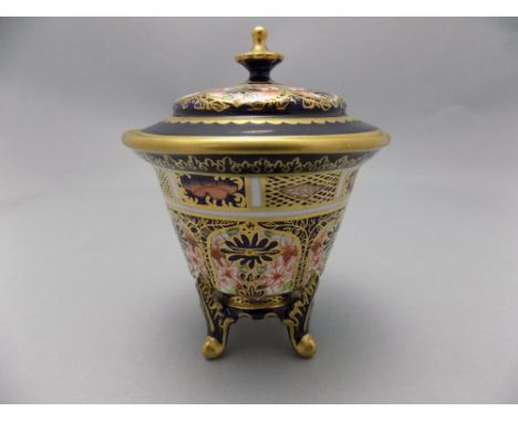 Royal Crown Derby Imari Pattern Lidded and Footed Trinket Jar. Date 1911. Height 4.5 Inches. Mint Condition. 