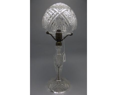 A Fine 1930's Deep Cut Crystal Boudoir Table Lamp. In Excellent Condition. Two Pieces with Base and Shade. Requires Rewiring.