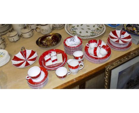 Crown Ford Burslem Tea and Dinner Service with a Red and Polkerdot White Spots Design, comprising 60 pieces in total, plus a 