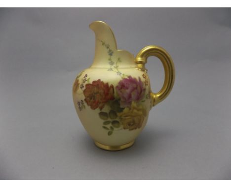 Royal Worcester Hand Painted Blush Ivory Helmet Shaped Jug, with Floral Decoration. Date 1896, Reg Num.29113, Shape Num.1094.
