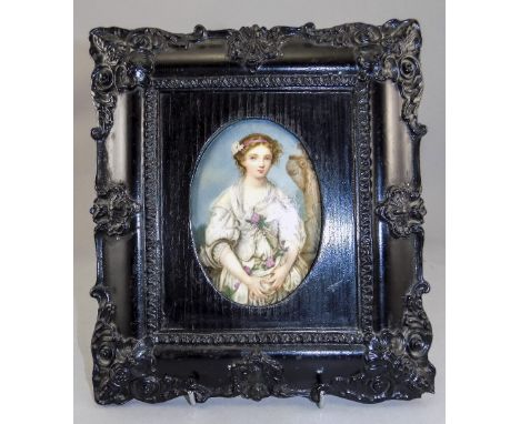 19thC Portrait Miniature Painted On Porcelain Plaque Depicting A Young Woman Wearing Roses In A Slightly Archaic Setting, 4.5