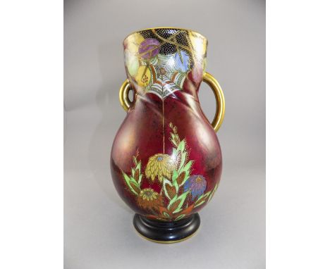 Crown Devon - Fielding's 1920's Twin Handled Lustre Ware Vase. Spiders Web Pattern on Ruby Ground. 9 Inches High. 