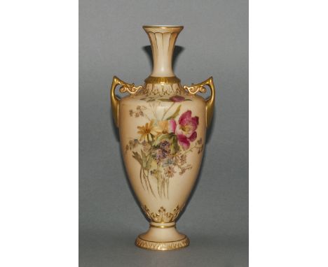 Royal Worcester Hand Painted Twin Handle - Blush Ivory Vase, with Floral Decoration to Body and Painted Gold Borders. Dated 1