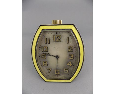 Art Deco Enamelled Travelling Strut Clock, Barrel Shaped Silver Case With Guilloche Enamel Border, Silvered Dial With Arabic 