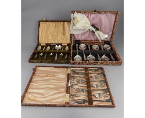3 Boxed EPNS Flatware Sets Comprising 8 Desert Forks, 6 Teaspoons And A Small Ladle & 6 Desert Spoons
