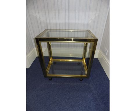 Modern Brass Framed Trolley/Table, Glass Top, Shelf And Base with Castors, Height 27 Inches, 28x18 Inches