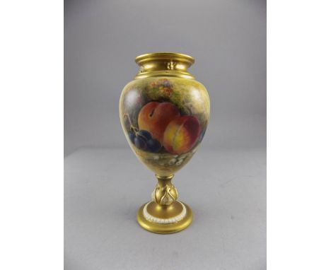 Royal Worcester Signed and Hand Painted Pedestal Vase ' Fallen Fruits ' Stillife. Signed Ricketts. Date 1922. 5.75 Inches Hig