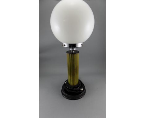 Art Deco Style Table Lamp, White Globular Shade On A Chrome Mount, Marbled Effect Fluted Column On A Black Stepped Base, Heig