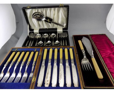 A Good Collection of Vintage Boxed Cutlery Sets ( 3 ) In Total. Comprises 1. Edwardian Silver Banded Large Fish Server and Fo