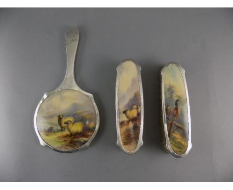 Royal Worcester - Fine Silver Cased Ladies 3 Piece Vanity Set, Comprises Hand Mirror, 2 Cloth Brushes. Hallmark Birmingham 19