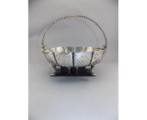 Victorian Good Quality Silver Swing Handle Footed Fruit Bowl with Barley Twist Handle Openwork Panels and Raised on Four Hoof