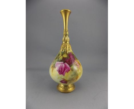 Royal Worcester Fine Hand Painted and Signed Tall Specimen Vase with ' Roses ' Stillife. Signed Sedgley. Date 1921. Stands 9.