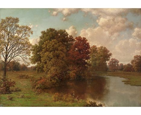 WILLIAM MASON BROWN (AMERICAN 1828-1898)Fishermen on a River Bank, oil on canvas35.9 x 62.9 cm (14 1/8 x 24 3/4 in.)signed lo