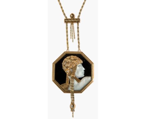 ERTE LIMITED EDITION DECO-STYLE GOLD NECKLACE WITH ONYX AND DIAMONDS, AVENTURINE STATE I, CIRCA 1979the black onyx medallion 