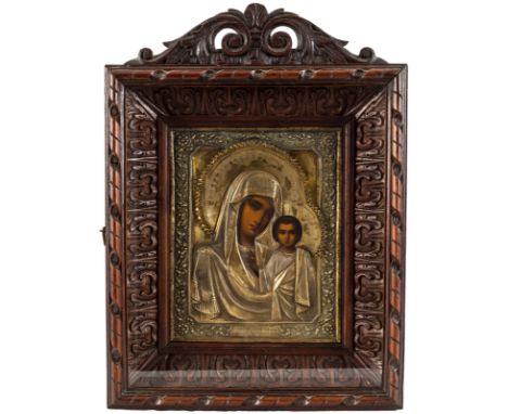 A RUSSIAN ICON OF THE KAZANSKAYA MOTHER OF GOD IN A GILT SILVER OKLAD, MOSCOW, 1896-1908chased and repousse, partially gilded