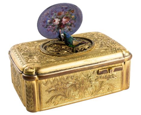 AN ANTIQUE GILT BRASS AND ENAMEL MUSIC BOX WITH A MECHANICAL SINGING BIRD, 19TH-20TH CENTURYof rectangular form with rounded 