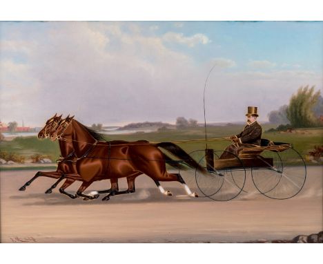 JOHN MCAULIFFE (AMERICAN 1830-1900)Two Trotters, oil on board35.6 x 50.8 cm (14 x 20 in.)signed J. Mc.Auliffe lower leftPLEAS