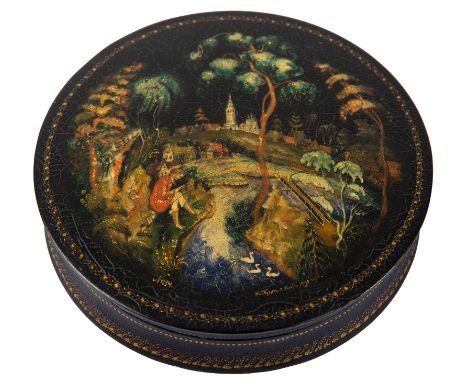 A SOVIET KEEPSAKE BOX OF BOY FISHING, N. TURIN, PALEKH, 1937of a round shape, the intricately decorated cover depicting a fis