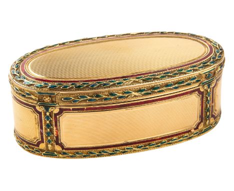 A CONTINENTAL GUILLOCHE GOLD AND ENAMEL SNUFF BOXof oval form, the exterior with guilloched panels encased by borders of red 