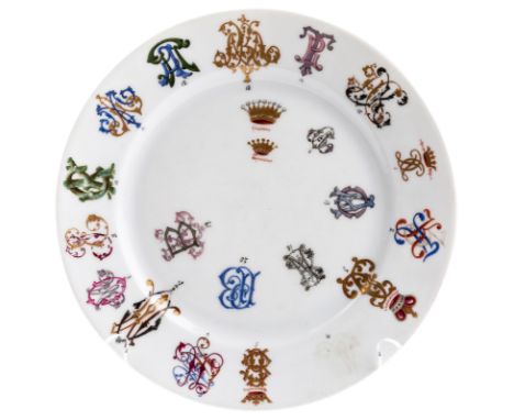 A RUSSIAN PORCELAIN PLATE WITH VARIOUS ROYAL CYPHERS, 19TH-20TH CENTURYthe white cavetto hand-painted with various Imperial c