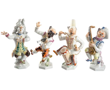 FOUR PORCELAIN FIGURES OF DWARF MUSICIANS, INTERMEZZO OR ZWERGENKAPELLE, MEISSEN, AFTER A MODEL BY PAUL SCHEURICHafter drawin