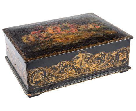 A LARGE SOVIET AGITLAK KEEPSAKE BOX OF YEDUT S PESNEI MOLODIYE KAZAKI, A. KOTUKHINA, PALEKH, 1950of a rectangular shape, the 