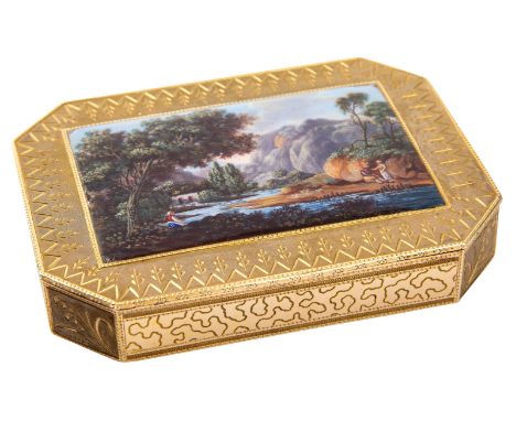 A SWISS GOLD SNUFF BOX SET WITH A MINIATURE ENAMEL PAINTING, FRANCOIS JOANIN, GENEVA, CIRCA 1815of rectangular form with cant