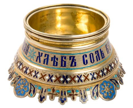 A GILT SILVER AND ENAMEL RUSSIAN REVIVAL STYLE SALT CELLAR, ANTIP KUZMICHEV, MOSCOW, CIRCA 1877the body decorated with an ela