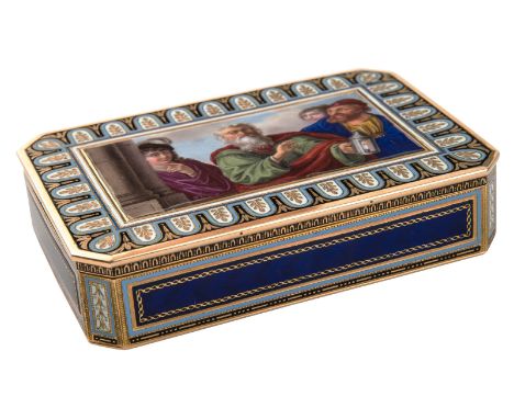 A CONTINENTAL GOLD SNUFF-BOX SET WITH A MINIATURE ENAMEL PAINTINGof rectangular form with cut corners, the top panel with a m