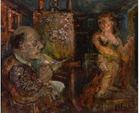 DAVID BURLIUK (RUSSIAN 1882-1967)Self-Portrait with a Model, oil and mixed media on canvas25.6 x 31 cm (10 x 12 1/4 in.)signe