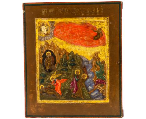 A RUSSIAN ICON OF THE FIERY ASCENT OF ELIJAH THE PROPHET, EARLY 1800Sdepicting four scenes from the prophet`s life: (1) Elija