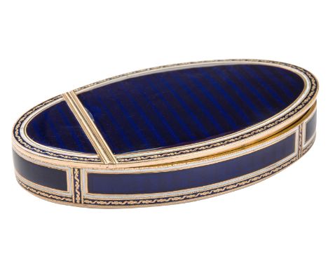 A GOLD AND GUILLOCHE ENAMEL SNUFF BOX, LES FRERES TOUSSAINT, HANAU, CIRCA 1790of oval form, extensively decorated with transl