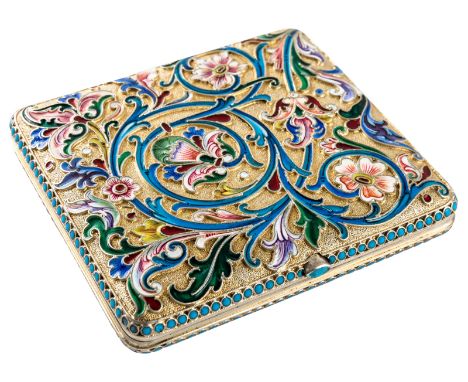 A RUSSIAN GILT SILVER AND SHADED CLOISONNE ENAMEL CIGARETTE CASE, N. V. ALEKSEEV, MOSCOW, 1899-1908of square form with rounde