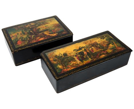 A PAIR OF SOVIET LACQUER KEEPSAKE BOXES WITH SCENES FROM FAIRY TALES BY ALEXANDER PUSHKIN AND AN EPISODE FROM A RURAL LIFE, A