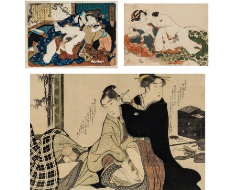 A GROUP OF THREE SHUNGA PRINTS, JAPAN, 19TH CENTURY 1. Attributed to Utagawa Kinisada (Japanese 1786-1865), Couple Engaged in