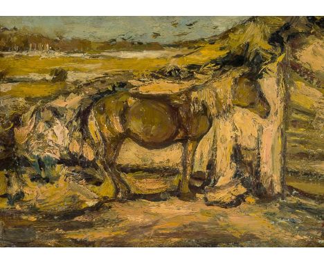 LEONARD VIKTOROVICH TURZHANSKY (RUSSIAN 1875-1945)A Grazing Horse, oil on canvas12 x 17.5 cm (4 3/4 x 6 7/8 in.) [sight]signe