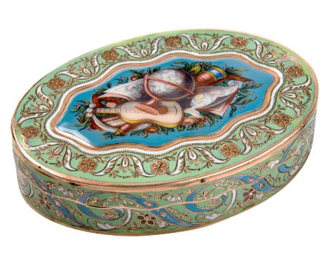 A CONTINENTAL ROSE GOLD AND ENAMEL SNUFF BOX, 19TH CENTURYof oval form, the body extensively decorated with pastel green cham