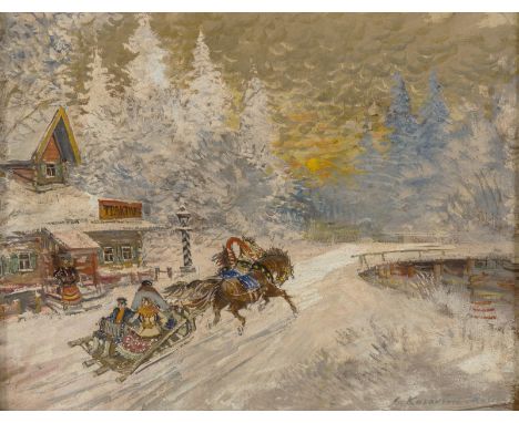 KONSTANTIN KOROVIN (RUSSIAN 1861-1939)A Sleigh Ride Through the Village, oil on paperboard31.5 x 40.5 cm (12 3/8 x 15 3/4 in.