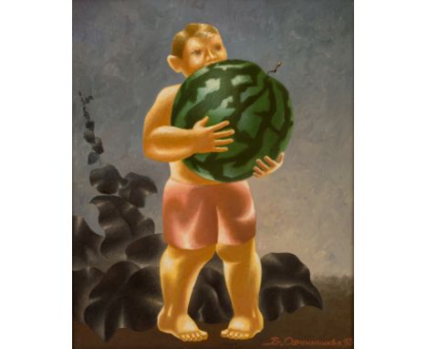 VLADIMIR OVCHINNIKOV (RUSSIAN B. 1941)Boy with a Watermelon, 1993oil on canvas61 x 49 cm (24 x 19 1/4 in.)signed and dated lo