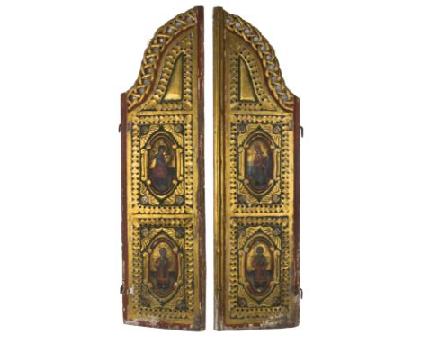 A PAIR OF GREEK ROYAL DOORS WITH ANNUNCIATION SCENE, CIRCA 1700wooden gilded sanctuary doors with two metal latches, decorate