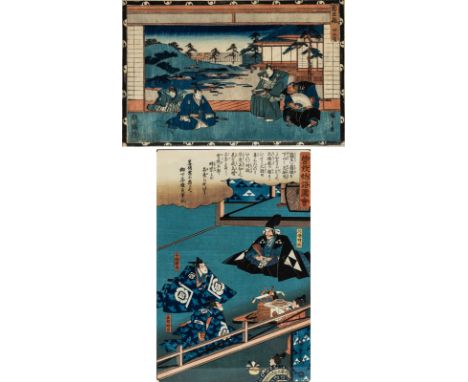 TWO ANTIQUE PRINTS, JAPAN, 19TH CENTURY 1.  Chushingura, Act IV, color woodblock print, 21.2 x 32 cm (8 1/4 x 12 5/8 in.) [si