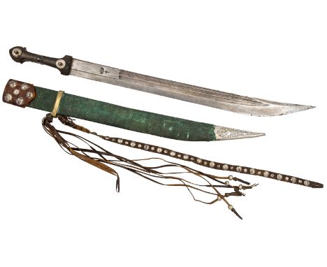 A CURVED-POINT KINDJAL SWORD WITH BELT AND PERSIAN COINS, EARLY 19TH CENTURYthe blade with three offset fullers, each decorat