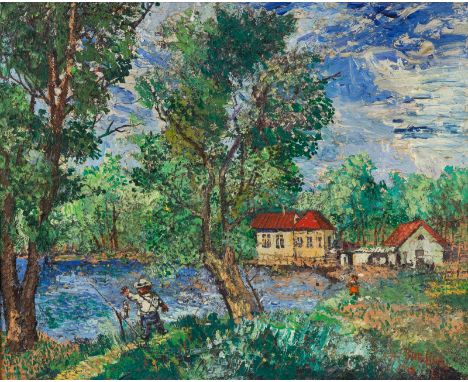 DAVID BURLIUK (RUSSIAN 1882-1967)Fishing in Long Island, 1948oil on canvas50.5 x 60.8 cm (19 7/8 x 24 in.)signed and dated lo