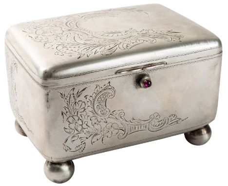 A POLISH SILVER KEEPSAKE BOX, I. SZEKMAN, LATE 19TH CENTURYof rectangular form with rounded edges, supported by four ball fee