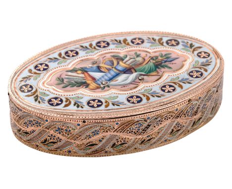 A CONTINENTAL ROSE GOLD AND CHAMPLEVE ENAMEL SNUFF BOX, 18-19TH CENTURYof oval form, extensively decorated with Sistine blue 