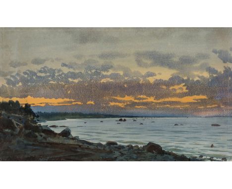 ALBERT NIKOLAIEVICH BENOIS (RUSSIAN 1852-1936)Sunset on the Calm Sea, gouache on paper23 x 39 cm (9 x 15 3/8 in.)signed in Cy