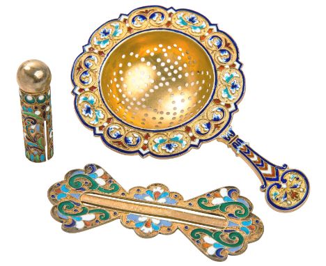 A GROUP OF THREE GILT SILVER AND ENAMEL RUSSIAN REVIVAL STYLE OBJECTS, VARIOUS MAKERS, LATE 19TH-EARLY 20TH CENTURYcomprising